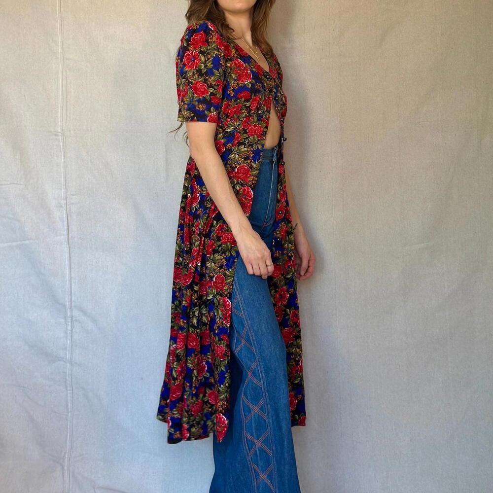 80s Black Floral Button Front Dress - Picture 6 of 12